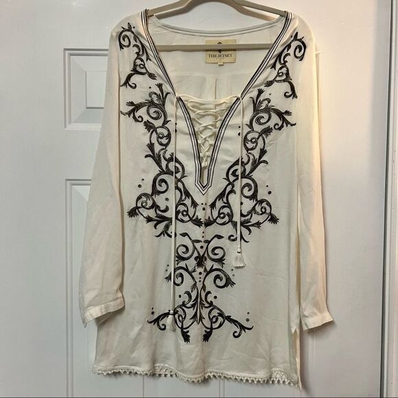 NEW Jetset Diaries Dynasty Ivory Black Embroidered Tunic Mini Dress Coverup S - Picture 3 of 12